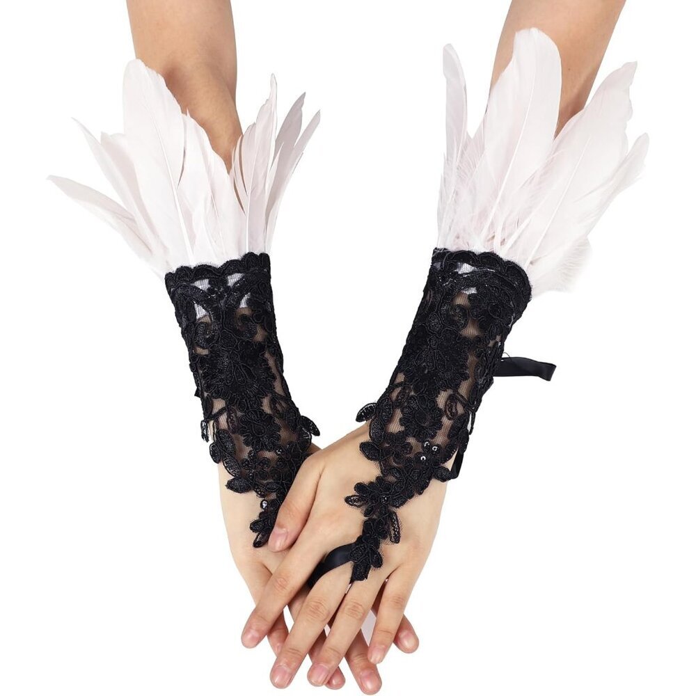 Feather Lace Gloves Women Gothic Long Sleeve Costume Accessories Halloween Wrist